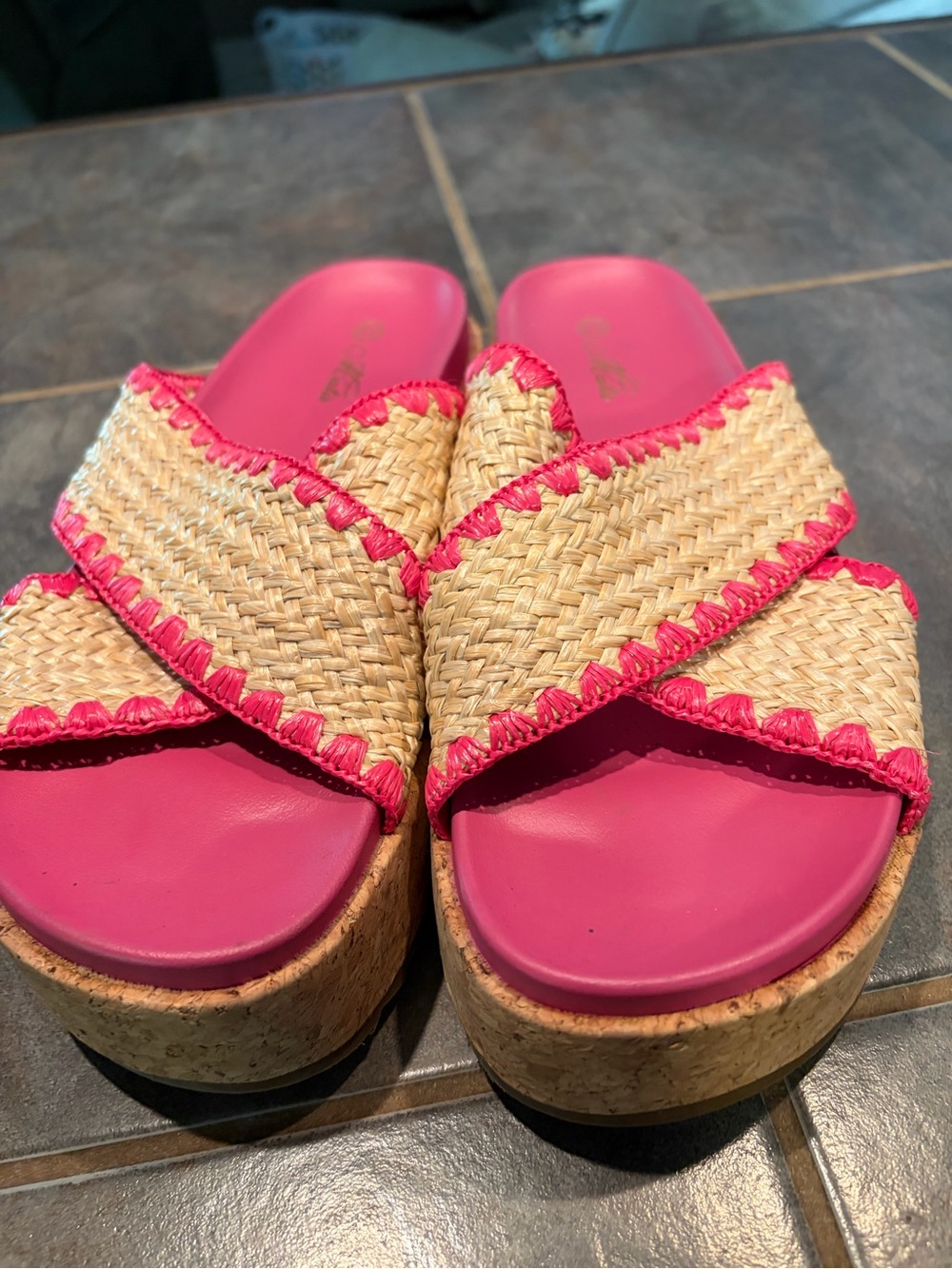 Woven Straw Slide Sandals with Pink Footbed